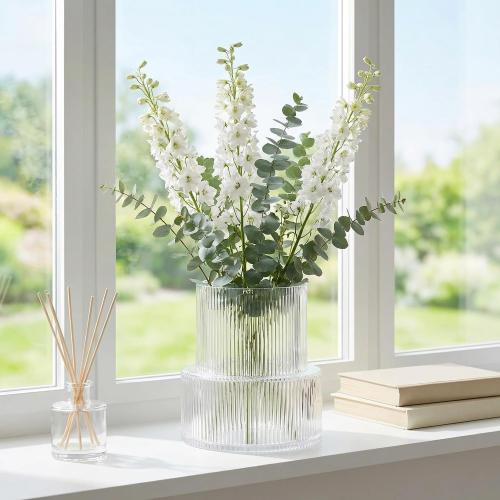 Ribbed Glass Vase, Flower Vase, Fluted Clear Vases for Flowers, Modern Vases for Living Room, Dining Table, Entryway, Shelf, Wedding, Office, Coffee Table, Birthday, 7.5 Inches