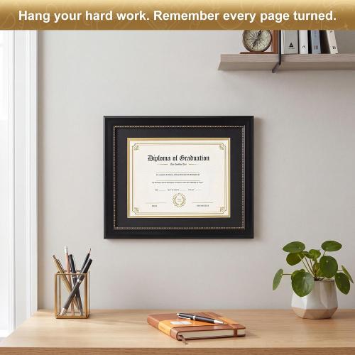 8.5x11 Diploma Frame with Black over Gold Mat, 11x14 Document without Mat