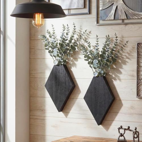 Chunful 2 Pcs Wooden Wall Planter Decor,Black,9.8 x 6.6 x 1.2 Inches