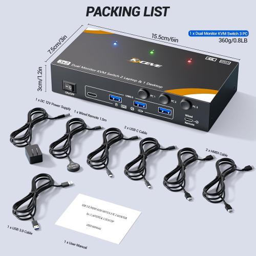 KCEVE KVM Switch 2 Monitors for 2 Laptops 1 Desktop, USB 3.0 KVM Switch 2 Monitors 3 Computers USB C HDMI Share 4 USB3.0 Device, 4K@60Hz, 100W PD, Wired Remote(4K USB C HDMI 3 in 2 Out KVM)