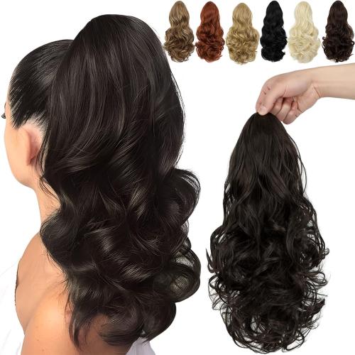 FELENDY Ponytail Extension, 15 Drawstring Ponytail Hair Extensions Wavy Curly Clip in Pony Tails Cute Hairpiece for Daily Use Synthetic Dark Brown