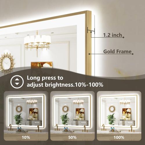 48x32 Inch LED Bathroom Mirror with Lights (Front Lit and Backlit) Gold Framed Lighted Vanity Mirror for Bathroom Wall Dimmable Anti-Fog Memory Tempered Glass Horizontal/Vertical
