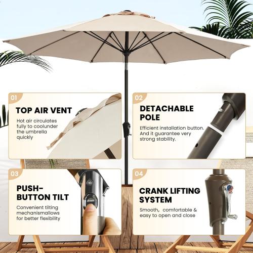 Ayge 9 FT Patio Umbrella Outdoor Table Umbrella Fiberglass Frame Beige | 9 FT fiberglass frame, crank & tilt, 8 ribs, 180G UV50  canopy. Wind fade resistant. Suitable for patio, deck, pool, garden.