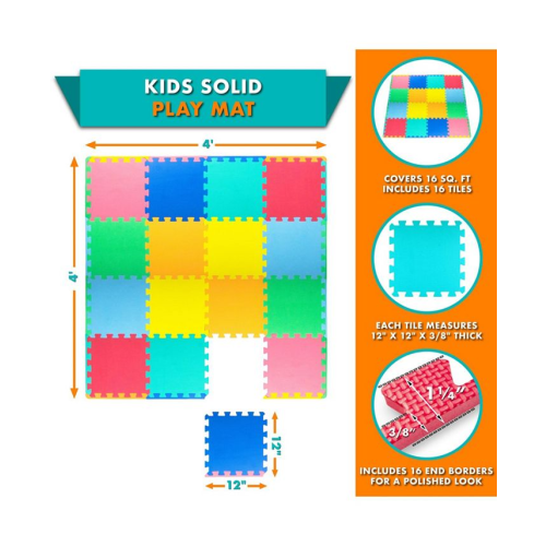 ProsourceFit Kids Floor Play Mat 3/8-in, 16 Sq Ft - 16 Tiles - Multi - 16