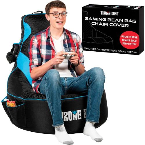 Throne Boss Gaming Bean Bag Chair Cover for Adults with High Back, Blue – Large Floor Gaming Chair Cover, Easy to Clean Fabric, Large Pockets, Headphone Hanger, Requires 350 Liters Polystyrene Beans
