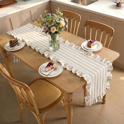 Tegeme Brown and White Stripe Ruffle Table Runner, 100% Cotton 13 x 90