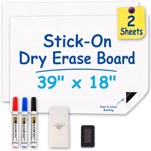 2-Pack, 39 x 18 Magnetic Whiteboard Contact Paper, Adhesive & No Ghosting Magnetic Dry Erase White Board Sticker for Wall Ideal for Playroom Home Office