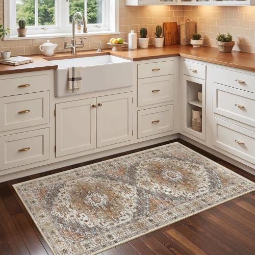Madane Washable Area Rug 2x4, Small Entryway Rugs Non-Slip, Turmeric/Grey