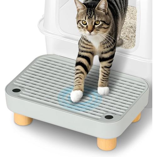 Litter Box Step, Litter Box Ramp/Catcher with Wooden Base, Anti-Tracking & Easy to Clean, Ideal for Small & Elderly Cats 11.8x7.9x3.6 (Gray)