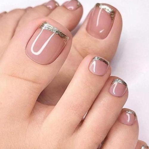 Press on Toenails French Tips Fake Toe Nails Pink False Toenails Glossy Full Cover Acrylic Glue on Toenails with Designs Glitter Toe Press on Nails Artificial Stick on Toenails for Women Manicure