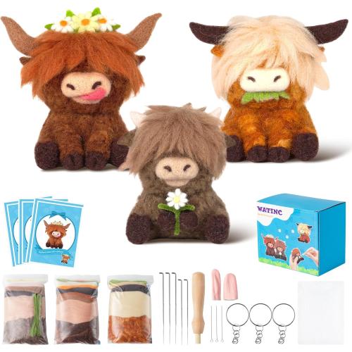 WATINC Needle Felting Kit - 3 Set Unique Different Cute Doll Wool Felt Needle Tools Foam Pad Instruction, DIY Home Decoration Craft Party Supplies for Art Work Starter Beginners (Highland Cow)