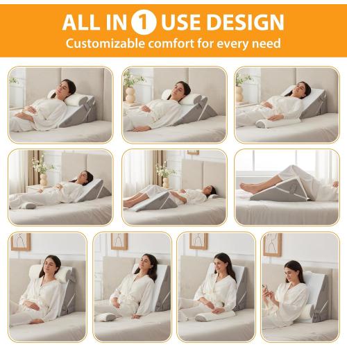 Ruqmuis Wedge Pillow Set for After Surgery, 3PCS Adjustable 9&12 Inch Bed Wedge Pillow for Sleeping, Incline Pillow Wedge for Headboard, Post Surgery, Acid Reflux, Neck&Back Support, White/Grey