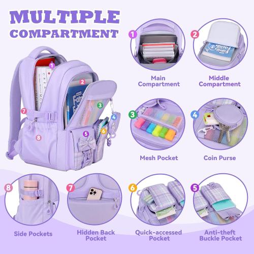 Backpack for School, Kids Backpacks for Girls, Girls Cute Bookbag for Teens, Schoolbag for Elementary Middle School Students, Girl Backpacks Ages 6-8, With Coin Purse, Travel, Camp, Purple Plaid