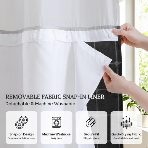 RiverDream Farmhouse No Hooks Shower Curtain with Snap-in Liner,Black,71x74