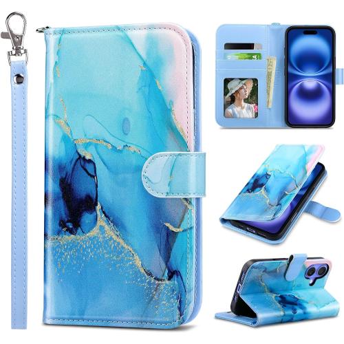 ULAK for iPhone 16 Wallet Case [RFID Blocking], Marble Blue