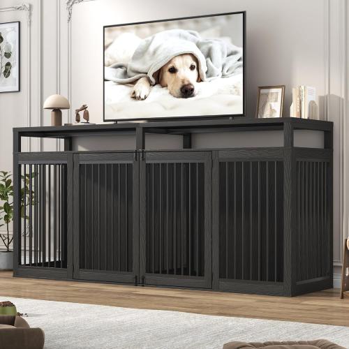 87In Farmhouse Dog Crate TV Stand, Wooden Dog Kennel Furniture with 2 Doors, Large Dog Crate Furniture for 2 Dogs, Solid Metal Tube & 4 Lockable Doors, Black