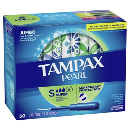 Tampax Pearl Tampons Super Absorbency Plastic Applicator and Leak Guard Braid, Unscented, 100 Count