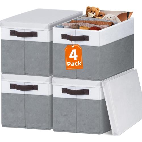 Large Closet Storage Baskets Bins with Lids 4 Pack, Storage Baskets for Organizing