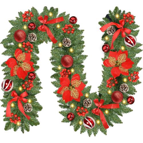 Christmas Garland with Lights, 9FT 30 LED Prelit Christmas Garland with Pinecones, Flowers, Bows, Outdoor Indoor Christmas Decorations Garland Battery Operated with Timer for Stairs,Mantel,Door,Window