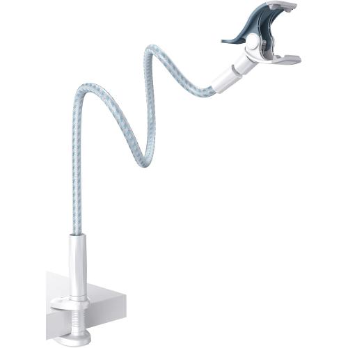 Lamicall Gooseneck Phone Holder Bed - [Nylon Braided] Flexible Arm, Overall Length 38inch, 360 Adjustable Clamp Clip, Overhead Cell Phone Mount Stand for Bed, Blue White