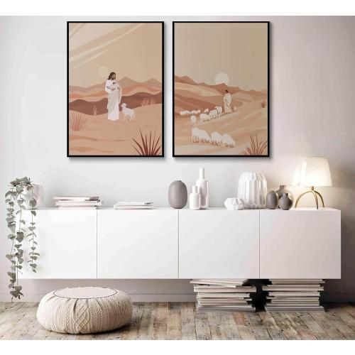 2Pcs Jesus And The Lamb Wall Art Shepherd Canvas Wall Decor Leads Lost Lamb Painting Picture Jesus Leaves The 99 Poster Print or Church Prayer Room Bedroom Home Decoration Unframed