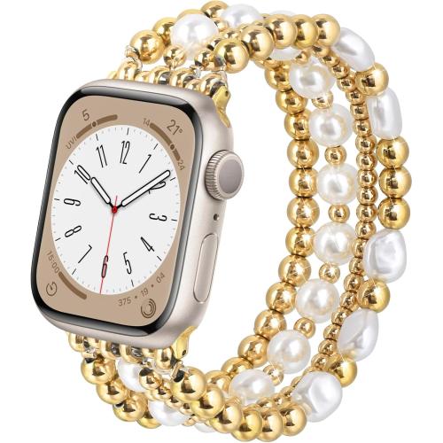 AIRSPO Gold Beaded Bracelets Compatible for Apple Watch Bands 38mm 40mm 41mm 42mm for Women, Fashion Handmade Dressy iPhone Watch Bands Stainless Steel Beads & Pearl Elastic Strap for iWatch Series 11 10 9 SE 8 7 6 5 4 3 2 1 Gold