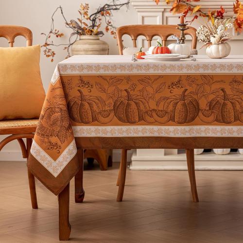 Romanstile Fall Rectangle Tablecloth 60 x 84 Inch, Thanksgiving Autumn Harvest Pumpkin Table Cloth, Stain Resistant Washable Table Cover for Dining, Party, Holiday Decor - Orange and Beige