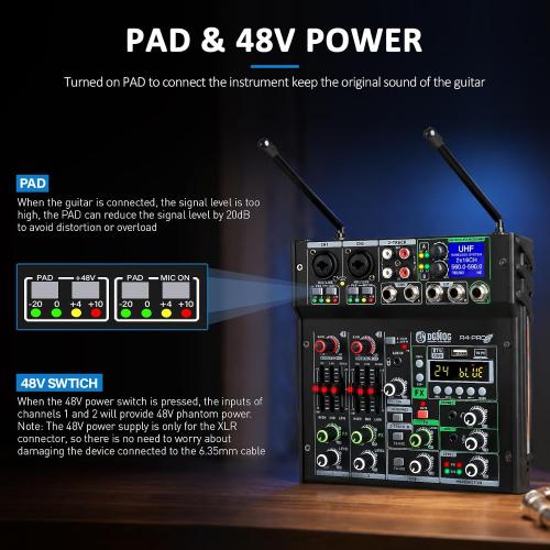 R4-PROS 4 Channel Karaoke Mixer with 2 Wireless Microphones, Bluetooth