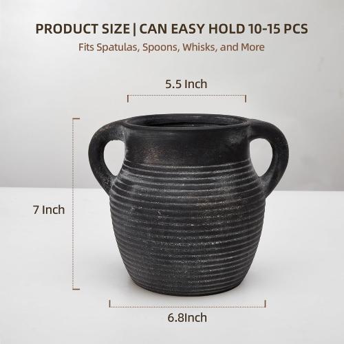 Rustic Utensil Holder for Kitchen Counter - Ceramic Farmhouse Cooking Utensil Crock & Organizer for Spatula, Spoon-Vintage Kitchen Decor (Charcoal)