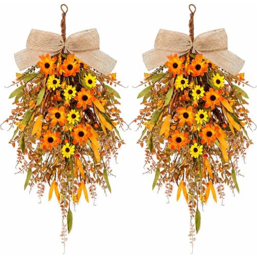 2 Pcs 24 inch Artificial Fall Swag Autumn Floral Teardrop Swags for Front Door Farmhouse Kitchen Cabinet Wreaths with Ribbon for Porch Wall Window Decor