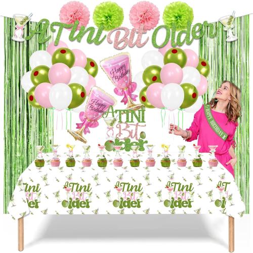 A Tini Bit Older Birthday Decorations, Green Pink Glitter A Tiny Bit Older Birthday Decorations Include Banner, Balloons, tablecolth, Cake Topper for Girls Martini Bachelorette Party Supplies