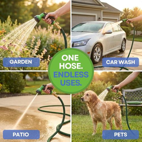 J&B XpandaHose 100ft Expandable Garden Hose, Lightweight, Brass Connectors | Ultra Strong 3750D fabric, 4-layer latex core, expands 3X, kink & leak-resistant, 10-pattern nozzle, storage bag