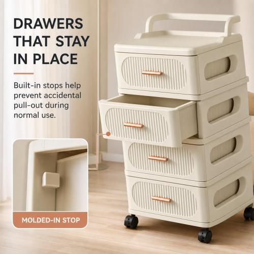 Rolling Storage Cart with 4 Drawers, Plastic Cabinet with Wheels, Raised-Edge Top and Push Handle, Mobile Organizer for Bedroom, Bathroom, Craft Room, Cream, 17.7 x 11.8 x 31.9 in