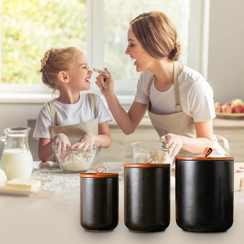 JOJUNO Black Ceramic Canister 3 Piece with Airtight Bamboo Lid