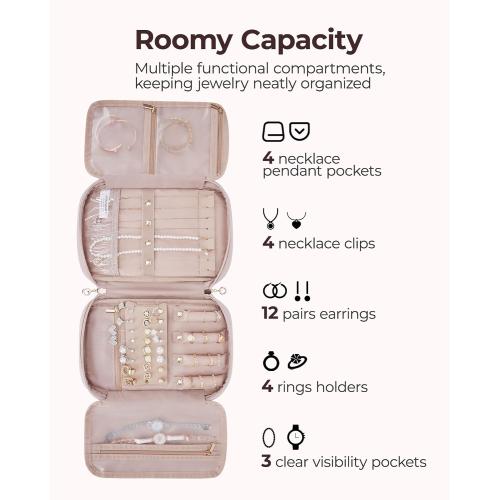 BAGSMART Jewelry Organizer Case Large Travel Jewelry Storage Bag for Necklace, Earrings, Rings, Bracelet, Soft Pink