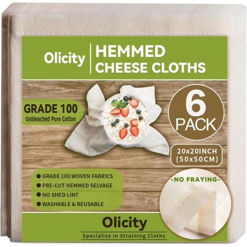 Olicity Cheese Cloths, 6Pack, 20x20Inch Hemmed Cheese Cloth Fabric Reusable