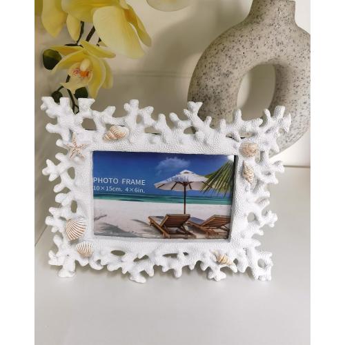 4x6 Coral Shell Picture Frame, White Resin Beach Decor