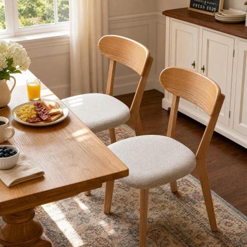 100% Solid Oak Dining Chairs, Mid Century Modern Dining Chair with Curved Backrest, Fabric Upholstered Dining Chairs for Kitchen, Study, Living Room (2, Original Wood-Pear White Cushion)