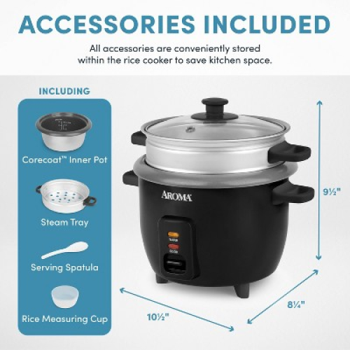 Aroma 6 Cup Rice Cooker with Outer Steam Tray Black‼️light dirt and missing clear lid‼️