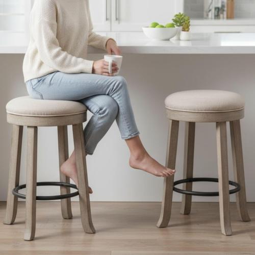 LukeAlon Farmhouse Linen Fabric Round Bar Stools Set of 2, 360° Swivel 25.6” Counter Height Stools with Solid Wood Legs Backless Low Barstools with Footrest for Home Bar Kitchen Island, Beige