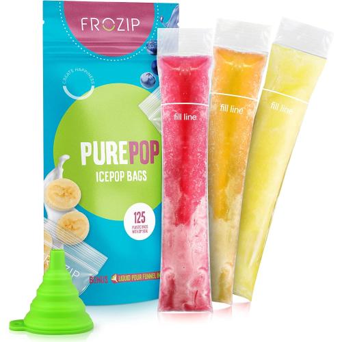 125 Disposable Ice Popsicle Mold Bags| BPA Free Freezer Tubes With Zip Seals | For Healthy Snacks, Yogurt Sticks, Juice & Fruit Smoothies, Ice Candy Pops| Comes With A Funnel (8x2)