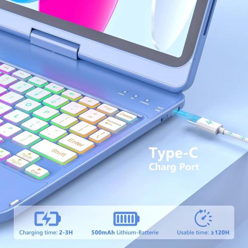 FUWANG Touch Keyboard Case for iPad A16 11th/10th Gen, 360° Rotating, Blue