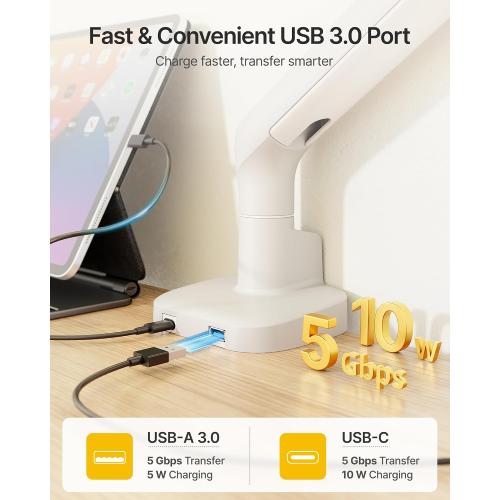 monTEK Mechanical Spring Single Monitor Arm with USB for 40in Screen White