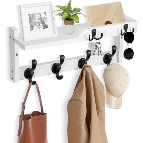 Coat Rack Wall Mount with Shelf, Coat Hanger Wall Mount with Key Hooks and Mail Holder, Wood Entryway Floating Shelf with Hooks and Storage, Hat Rack for Wall Key Holder Mail Organizer