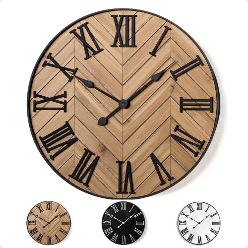 Large Wall Clock 24 Round - Silent Metal & Wood Large Farmhouse Wall Clock For Living Room Decor with 3D Roman Numerals - No Ticking - Noiseless Big Wood Decorative Clocks for Living Room Decor