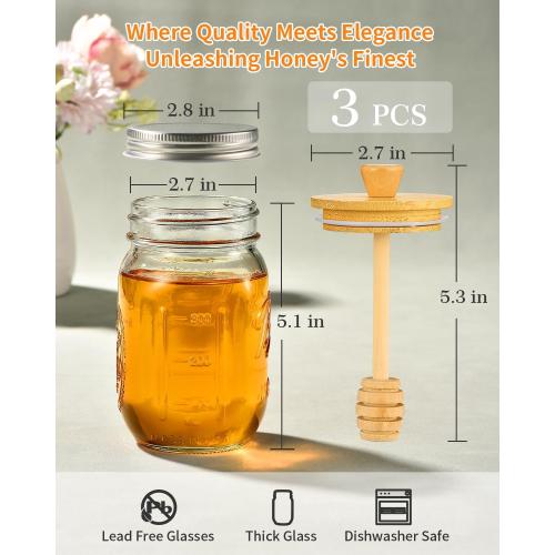 TANGLONG Honey Jar with Dipper and Lid, 16oz Honey Pot Set of 3