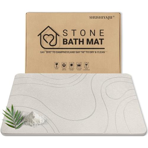 Stone Bath Mat Quick Dry Diatomaceous Earth Bath Mat Non-Slip Shower Stone Bathmat Super Absorbent Water Diatomite Bathroom Floor Pad Elegant,Natural,Esay to Clean (Flow Line-Beige)