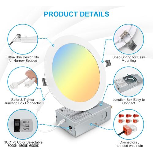 Elaruslux 6 Pack 7 Inch 3CCT Ultra-Thin LED Recessed Light with Junction Box, 3000K/4500K/6000K Selectable, 18W Eqv 125W, Dimmable Ceiling Lights 1600LM Brightness Canless Wafer Downlight