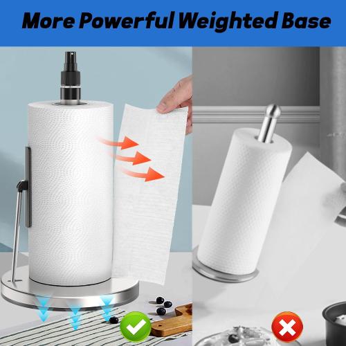 DAWNER Standing Paper Towel Holder with Spray Bottle, Weighted Base with Suction Cups, Paper Towel Stand with Spring-Loaded Arm for Kitchen, Countertop, Stainless Steel Brushed Nickel Finish