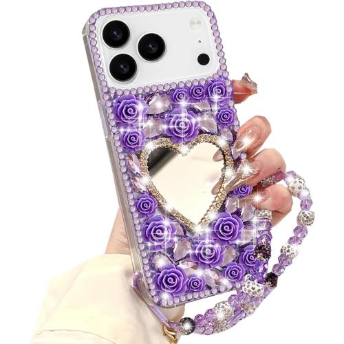 Changjia for iPhone 18 Pro Max/iPhone 17 Pro Max Glitter Bling Case,Cute 3D Sparkle Heart Makeup Mirror Crystal Rhinestone Flower Diamond Gems with Lanyard Wrist Strap Case for Women Girls 6.9,Purple